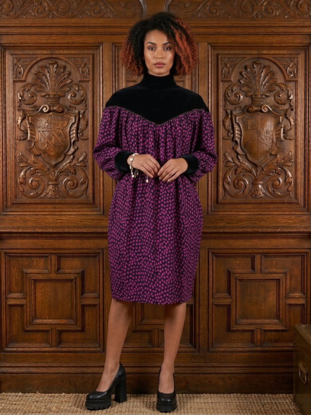 VNTG Rickie freeman for Terijon Black & Fuchsia Polka Dot Velvet Yoke Dress